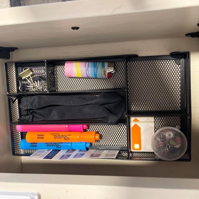 Desk Drawer Organizer Tray, Small Metal Mesh Desk Organizer Tray with 6 Compartments, Office Pencil Drawer Organizer Accessories for Stationery, Desktop, Bathroom, Kitchen, Makeup, Vanity, School-NeatNest