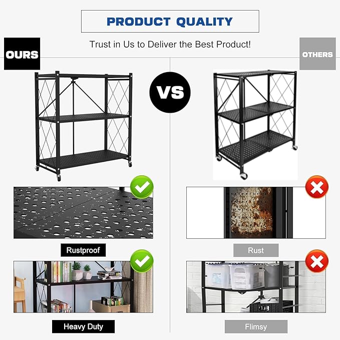 3-Tier Foldable Storage Shelf with Wheels – Heavy Duty Metal Collapsible Rolling Cart for Kitchen, Pantry, Closet, Office & Bathroom Organization, No-Assembly Storage Rack – Black Metal Shelf