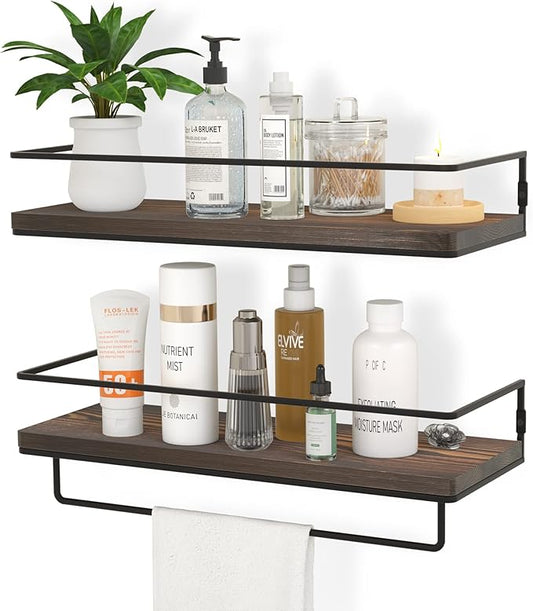 ZGO Floating Shelves for Wall Set of 2, Wall Mounted Storage Shelves with Metal Frame and Towel Rack for Bathroom, Kitchen, Bedroom