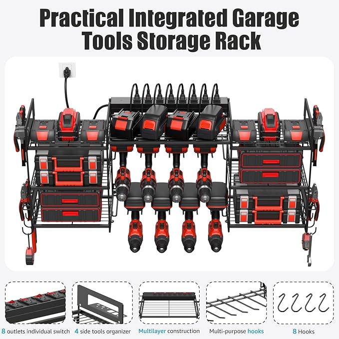 CCCEI Black Power Tool Organizer Wall Mount, Large Tools and Battery Storage Rack Charging Station Individual Switches. Drills Holder, Garage Utility Shelves with 6FT Power Strip. Gift for Men.-NeatNest