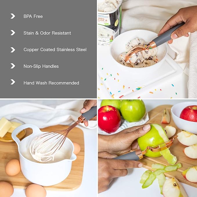 COOK WITH COLOR Kitchen Gadget Set Copper Plated Stainless Steel Utensils with Soft Touch Handles, Copper Grey, 7 Pieces-NeatNest