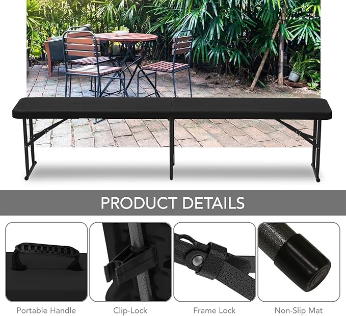 AJP Distributors 2 Pack 6 Foot Portable Plastic Folding Bench 6FT 72" Half Foldable Heavy Duty Seat w/Carry Handle - Indoor Outdoor Backyard Camping Picnic BBQ Party Wedding Dining Event Meeting Black-NeatNest