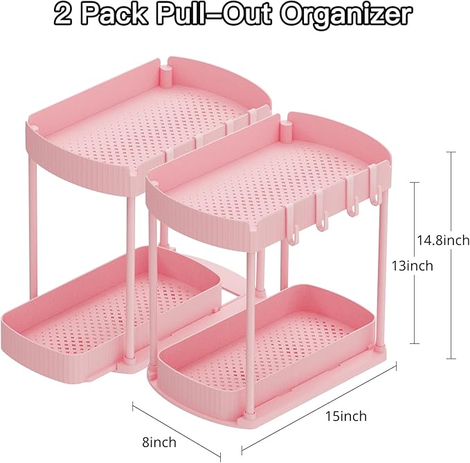 2 Pack Multi-Purpose Pull-Out Storage Organizers, Under Sink Organizers and Storage for Bathroom & Kitchen, Under Cabinet Organizers and storage, 14.8 Inch, Pink-NeatNest