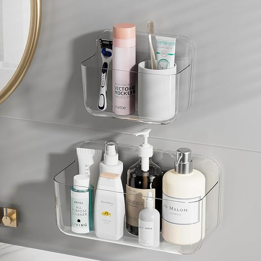 Wall Mounted Storage Organizer Bins Organizing Shelf Basket Clear Plastic Makeup Organizer Adhesive Hanging Bin Fridge Organizer for Bathroom,Kitchen,Cabinet,Pantry,Countertops (XL+L)-NeatNest