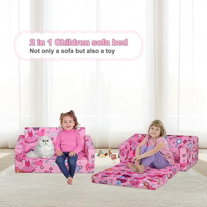 Foam Kid Sofa Couch, 2 in 1 Convertible Sofa to Bed for Baby,Velvet Toddler Sofa Chair with Side Pocket for Kid Playing (W29.92) (Pink)-NeatNest