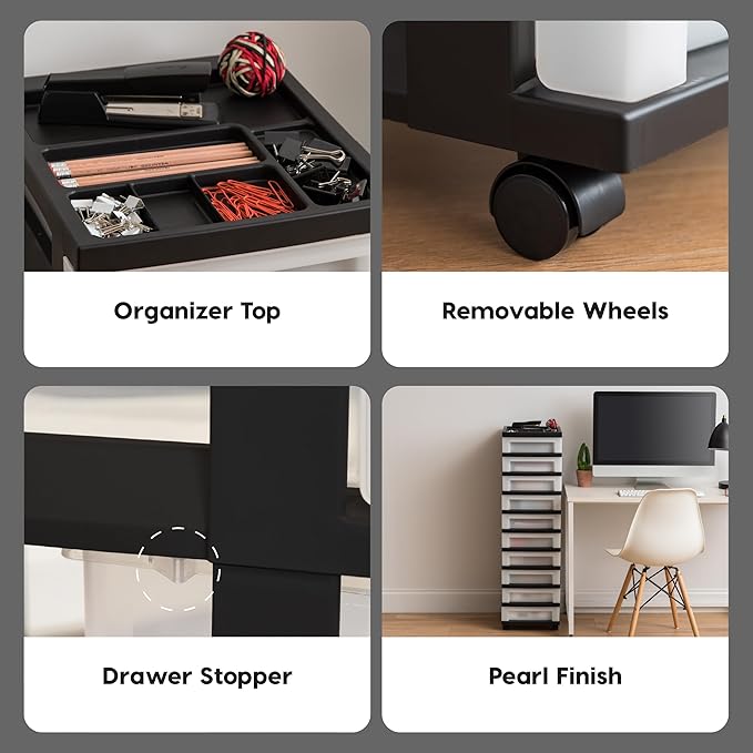 IRIS USA Plastic Drawer Storage Organizer Rolling Cart, with Wheels Casters, 10-Drawers, for Classroom Art Craft Supplies Dresser Closet Bathroom Laundry Room, Black/Pearl