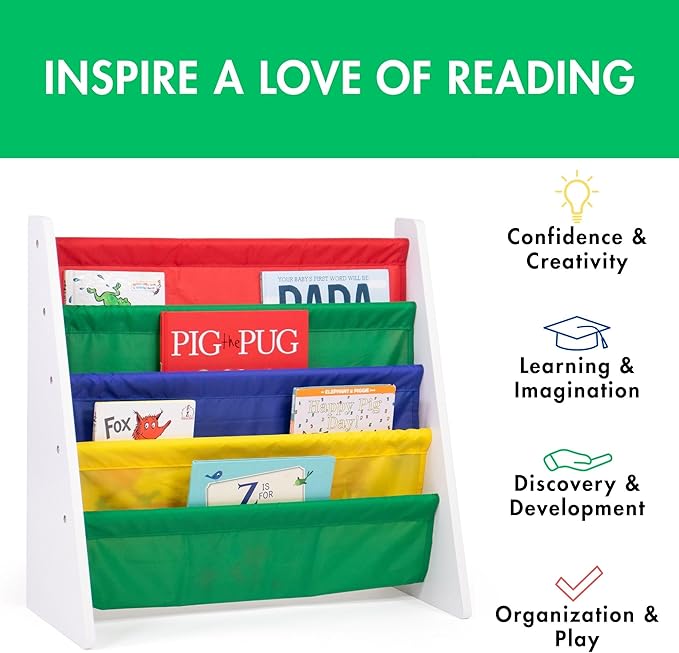 Humble Crew 4-Tier Kids Bookshelf, White Wood/Primary - Premium Book Shelf for Kids Rooms with Four Deep Pockets - Toddler Sling Book Rack with Deep Sleeves, Nursery Bookcase Organizer