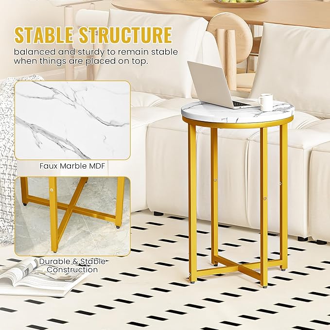 DKLGG Modern Gold Side Table Set of 2, Small Coffee Table Round End Table with Gold Frame, Faux Marble Side Table Bedside Table for Living Room, Bedroom, Small Space, 16" D*24" H