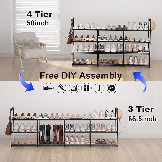 3-Row 4-Tier Shoe Rack, Black Metal Stackable Shoe Shelf with Multifunctional Hooks, Hold 24-30 Pairs, Space Saving Shoes Organizer for Closet,Show Rack-NeatNest