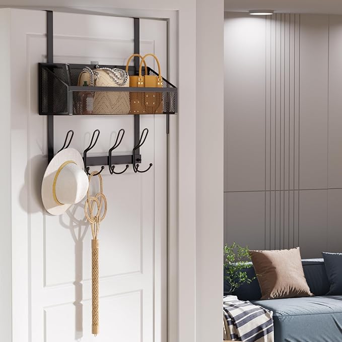 Over The Door Hooks Organizer with 12 Hooks, Over The Door Storage Rack with Mesh Basket,Back of Door Storage Organizer Over The Door Hanger for Bedroom,Bathroom,Kitchen, Pantry, Black