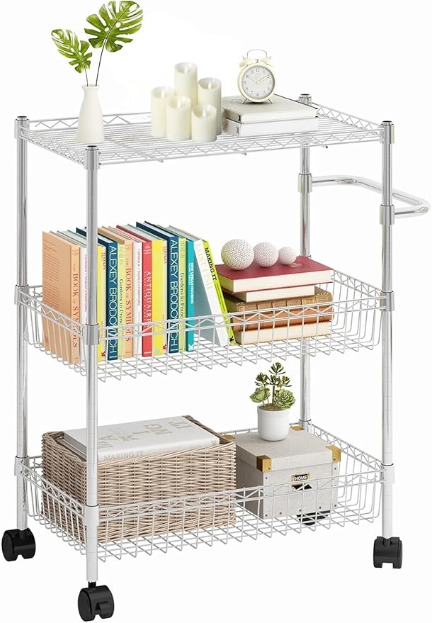 3 Tier Rolling Storage Cart with Adjustable Wire Shelving, 360-Degree Rotating Wheels with Brakes, Sturdy Carbon Steel Build, Versatile for Kitchen, Bathroom, and Office