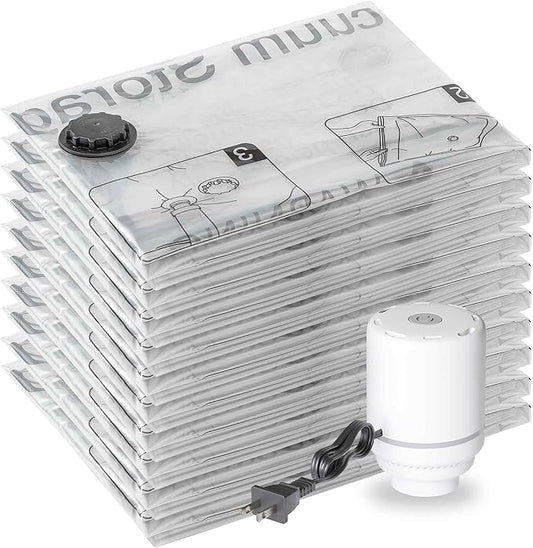 SUOCO 10 Jumbo Vacuum Storage Bags with Electric Pump, Travel Clothes Space Saver Bags, Compression Airtight Seal Bags for Clothing, Pillows, Comforters, Blankets-NeatNest