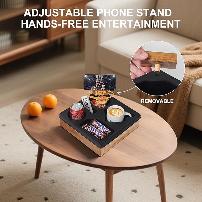 Couch Cup Holder Tray – Spill-Proof Wooden Sofa Organizer with Silicone Insert for Snacks, Drinks, Remote & Phone, Waterproof Caddy for Bed, Car, RV & Living Room (Black)-NeatNest