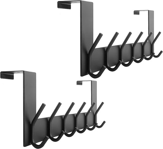 WEBI Over The Door Hook Door Hanger:Over The Door Towel Rack with 6 Coat Hooks for Hanging,Towel Hanger Door Coat Hanger Over Door Coat Rack for Towels,Clothes,Back of Bathroom,Black,2 Packs