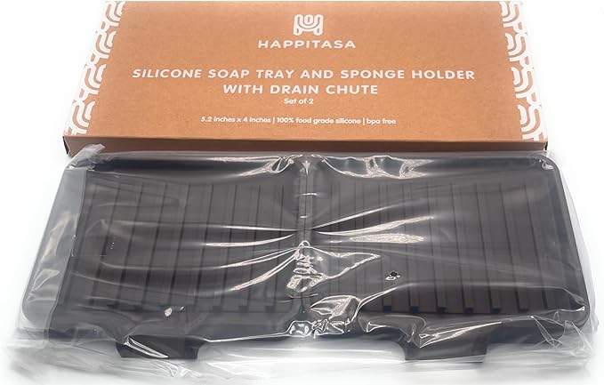Happitasa Silicone Soap Dish Tray and Sponge Holder with Drain Chute, Pack of 2 | Bathroom and Kitchen Sink Organizer Caddy (Dark Chocolate, 5.2"x4", 7.2 Ounces)-NeatNest