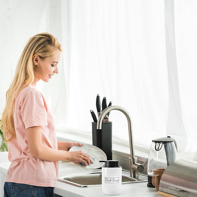 BosilunLife White Soap Dispenser Set - 2 Pack 12oz Ceramic Dish Soap Dispenser with Rust Proof Pump for Kitchen, Hand Soap and Lotion Set Suitable for Farmhouse Bathroom Decor with Waterproof Labels-NeatNest