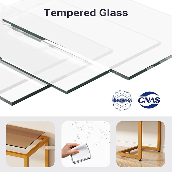 Console Sofa Table, 52" Modern Entryway Table, 2-Tier Open Shelf with Tempered Glass, Metal Frame Behind Couch Table with Gold Metal Frame for Living Room Hallway Entrance, Brown-NeatNest