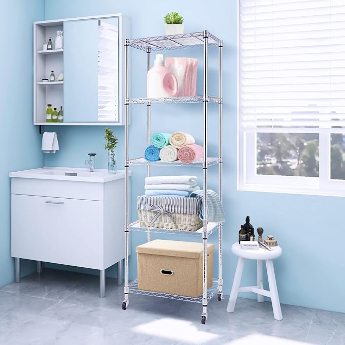 BNSPLY 5 Tier Narrow Wire Shelving Unit with Wheels, Height Adjustable Wire Shelves with NSF Certified, Mobile Metal Storage Rack for Kitchen, Laundry, Bathroom (17.7" D x 23.6" W x 71" H, Chrome)-NeatNest