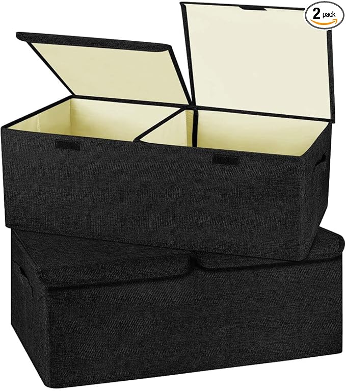 2 Pack Large Linen Fabric Collapsible Storage Bins with Lid and Handles, Washable Storage Box Baskets Cube with Removable Divider for Bedroom,Closet,Office,Living Room,Nursery (Black, Small)-NeatNest