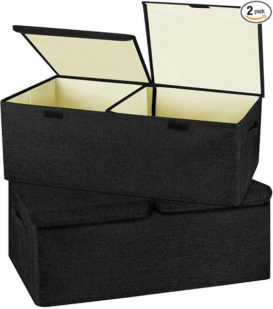2 Pack Large Linen Fabric Collapsible Storage Bins with Lid and Handles, Washable Storage Box Baskets Cube with Removable Divider for Bedroom,Closet,Office,Living Room,Nursery (Black, Small)-NeatNest