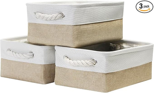 Fabric Storage Bins, 3 Pack Foldable Cube Baskets with Rope Handles, Large Collapsible Storage Cubes for Home, Office, Closet, Clothes, Books Organizer. (Khaki and White, 3PCS/12.2*8.2*5.1inch)-NeatNest