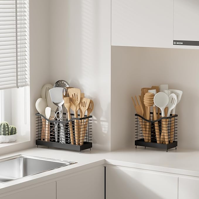 2 Grids Utensil Holder for Kitchen Counter - 7.9" x 4.3" x 7.5", Kitchen Utensil Racks, Spoon Holder, Kitchen Utensil Organizer for countertop, Black-NeatNest