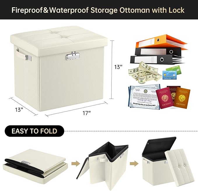 DocSafe Storage Ottoman with Lock,Fireproof＆Waterproof 17 Inches Folding Storage Box with Handles Safe for Important Documents,Leather Storage Ottoman Storage Chest for Living Room,Bedroom,Beige-NeatNest