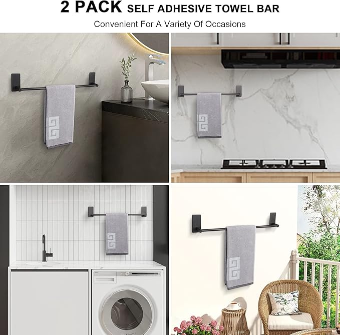 NearMoon Self Adhesive Bathroom Towel Bar- Stainless Steel Bath Wall Shelf Rack Hanging Towel Stick On Sticky Hanger Contemporary Style, NO Drilling (2 Pack, Matte Black, 16-Inch Towel Rack)