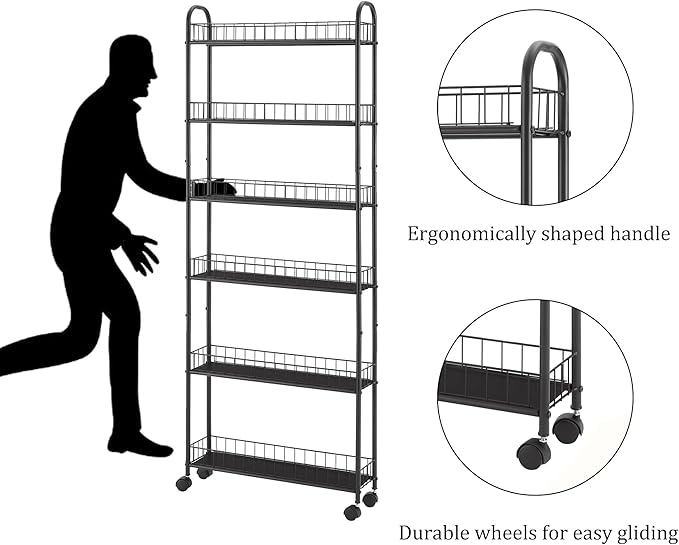 6-Tier Storage Cart Wire Slim Shelving Shelf with Wheels for Small Spaces, Rolling Tall Organizer Storage for Bathroom, Kitchen, Home, Garage, Bedroom, Closet (Black, 6" D)