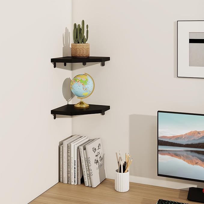 Fun Memories Corner Shelf Wall Mount, Solid Oak Wood Floating Corner Shelves with Cable Hole, 7in Rustic Design for Bedroom, Bathroom, Kitchen, Living Room (Black, 1 Pack)-NeatNest