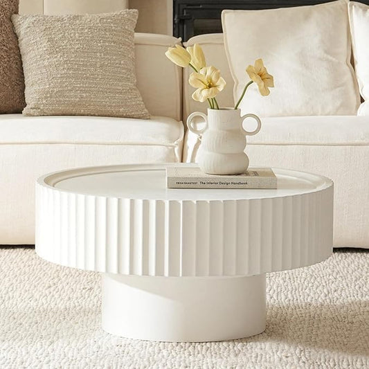 Round Coffee Table, Modern Living Room Tables with Mushroom Shape and Grooved Design, Circle Accent Pinewood Center Table for Living Room, Apartment, 31.8''L×14.9''H (White Table)