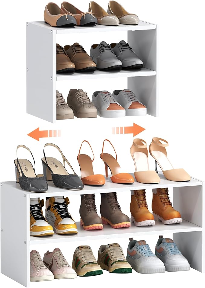 2-Tier Expandable White Shoe Rack Organizer for Closet, Stackable Shoe Rack Storage Shelf, Small Iron Wood Combination Shoe Shelves for Closets,Entryway,Front Door, Narrow Space,Hallway,6-12 Pairs-NeatNest