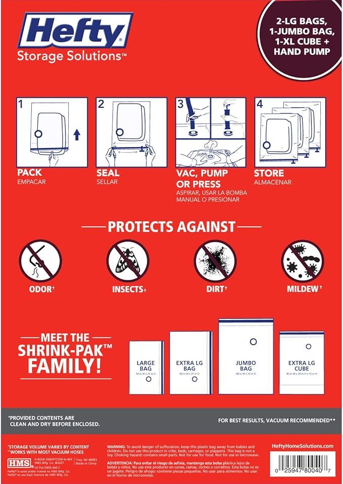 Hefty Shrink-Pak Starter Kit - 2 Large, 1 XL Cube, 1 Jumbo Vacuum Seal Storage Bag and Hand Pump – Space Saver Bags for Clothing, Pillows, Towels, or Blankets, 5 Pc Set-NeatNest