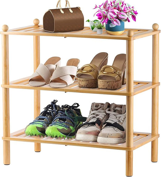 3-Tier Shoe Rack,Shoes Organizer,for Front Door Entrance, Free Standing Shelf Entryway and Closet Hallway, Small Space Stackable Bamboo Multifunctional Racks-NeatNest