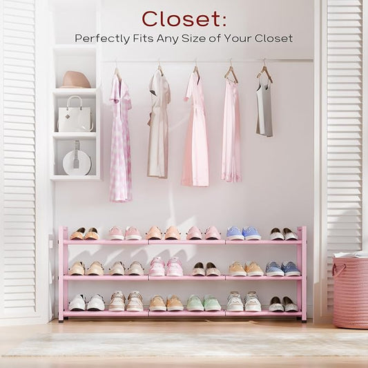 Bumusty 3-Tier Long Expandable Shoe Rack for Closet, 18"-44" Adjustable Shoe Rack for Entryway, 15-18 Pairs Large Shoe Organizer Shelf Storage, Sturdy Metal, Pink-NeatNest