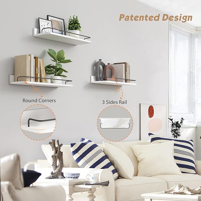 Forbena White Floating Shelves Bathroom Shelves Over Toilet Set of 3, Bathroom Organizers and Storage Shelves Wall Mounted, Modern Wood Corner Wall Shelf for Bedroom Closet -White and Dark Grey-NeatNest
