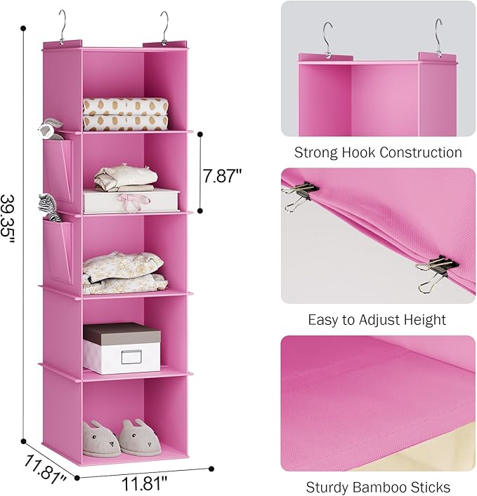 Hanging Closet Organizer, 5-Shelf Closet Hanging Storage Shelves, Light Pink-NeatNest