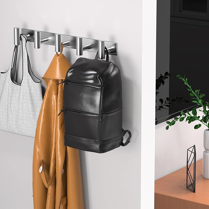 Wall Mounted Coat Rack-5 Hooks, Heavy Duty Stainless Steel Hook Rail for Towel Coat Hat Purse Bag Jacket, Towel Hooks for Entryway Bathroom Kitchen (Silvery 5 Hooks - 1 Pack)-NeatNest