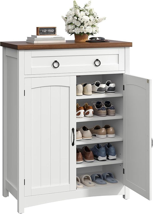 DWVO 5-Tier Shoe Storage Cabinet, Farmhouse Shoes Rack Cabinet with Adjustable Shelf, 43" Tall Shoe Organizer with Drawer & Doors for Entryway Hallway Living Room Closet (White)-NeatNest