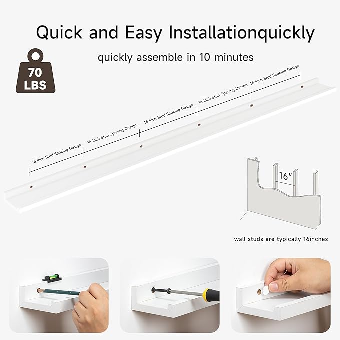 Floating Picture Ledge Shelves for Wall Set of 2, 95 Inches Picture Ledge Shelf with Long Large Nursery Book Shelf for Toys Storage Kids Bookshelf Wall Mounted Living Room Bedroom Decor Frames, White-NeatNest
