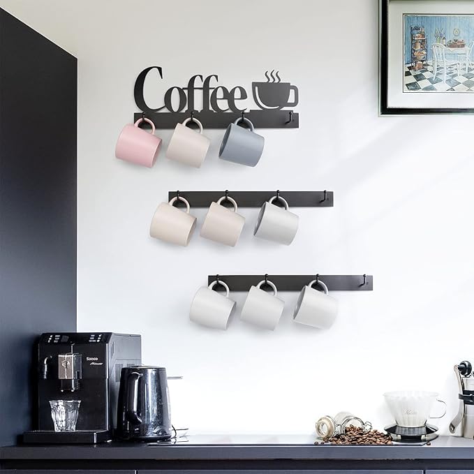 HULISEN Coffee Mug Wall Rack, Coffee Cup Holder Wall Mounted with 12 Heavy Duty Hooks and Metal Coffee Sign, Rustproof Tea Cup Hanger Display Decor for Coffee Bar, Kitchen, Office-NeatNest