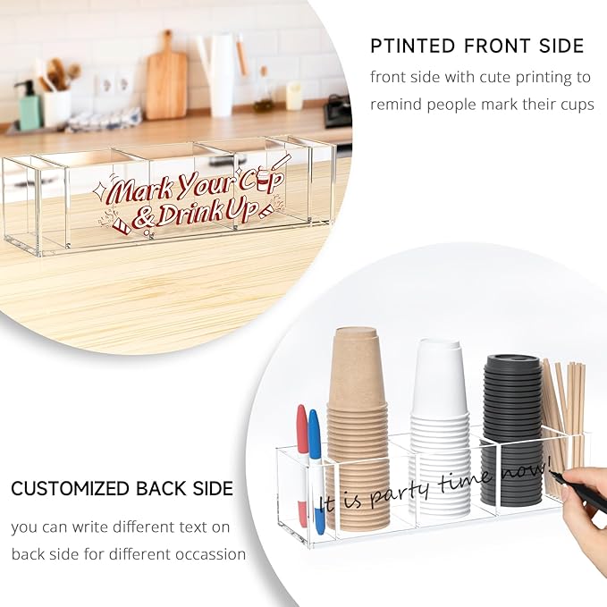 Cup Holder with Marker Slot - Mark Your Cup and Drink Up Countertop Disposable Plastic Cup Organizer Dispenser for Wedding Kitchen Bar Caddy Party Decor Hostess Gifts for Women, Clear Acrylic