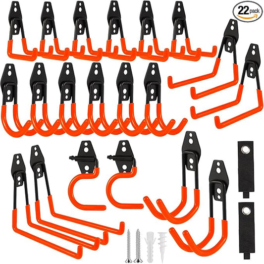 Garage Hook Heavy Duty Wall Storage Hangers, 22 Pack Garage Storage Hooks Steel Tool Orange for Ladders, Ropes, Garden Tools-NeatNest