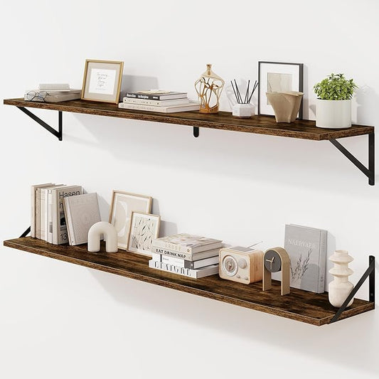Fun Memories Deep Floating Shelves for Wall, 55W x 8D Wall Mounted Shelves Set of 2, Wide Display Ledge Shelf with Sturdy Metal Brackets for Living Room, Bathroom, Bedroom and Kitchen, Rustic Brown-NeatNest