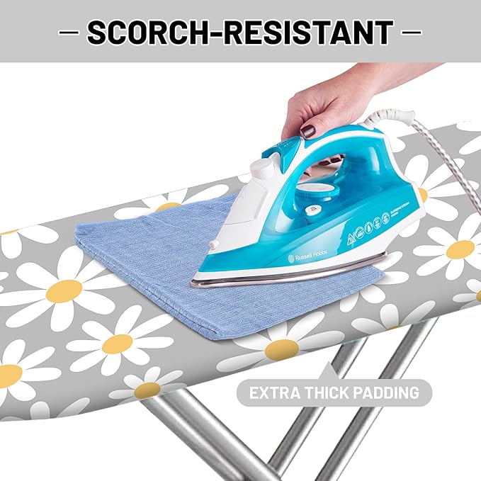 Extra Thick Ironing Board Cover and Pad, 15x54 Ironing Board Cover, Resist Scorching and Staining,Elastic Edges,Grey White Daisy Spring Summmer Flowers
