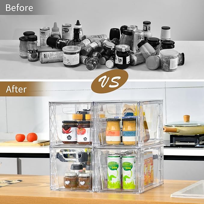 6Pack Stackable Kitchen Storage Organizer, Pantry Organizers and Storage, Clear Foods Organizer Bins with Handles, Easily Assemble for Bathroom, Kitchen, Pantry, Cabinet, Closet-NeatNest