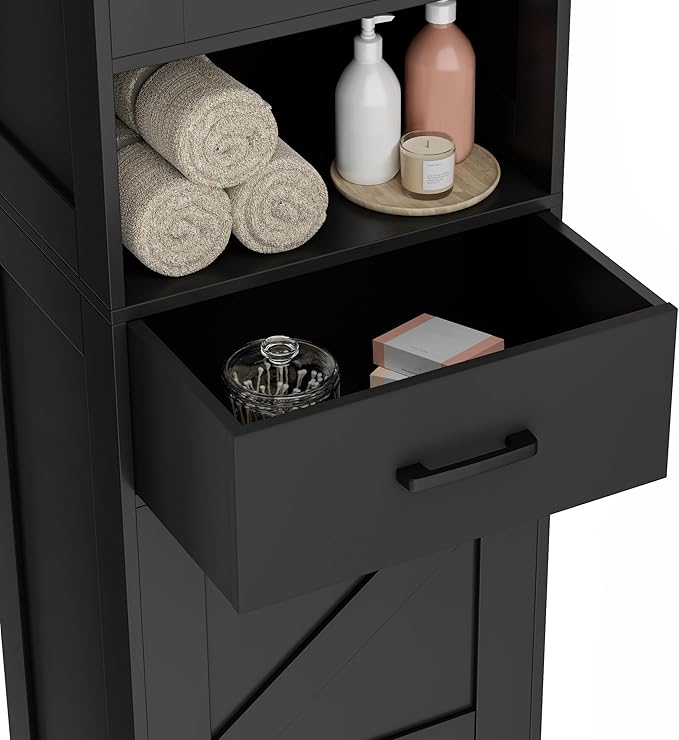 Homhedy 67" H Tall Bathroom Storage Cabinet with 2 Barn Doors and 1 Drawer, Storage Cabinet, Adjustable Shelves, Floor Cabinet for Bathroom, Living Room, Entryway, Kitchen, Black, (15.7" W)
