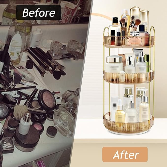 360 Rotating Makeup Organizer for Vanity,3 Tier Large Capacity Skincare Organizers,Bathroom Counter Organizer, transparent Spinning Perfume Organizer & Vanity Organizer (NEW-GOLD, 3 Tier)-NeatNest
