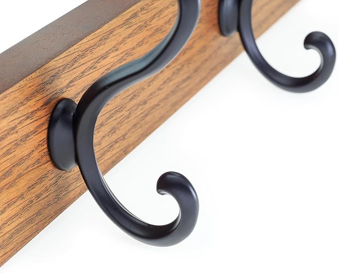 creathome Dual-Purpose Wooden Hanger with 4 Ring Hooks Classic Color, Behind/Over The Door Towel Rack for Bathroom, Heavy Duty Wall Mounted Coat Rack, No Drilling
