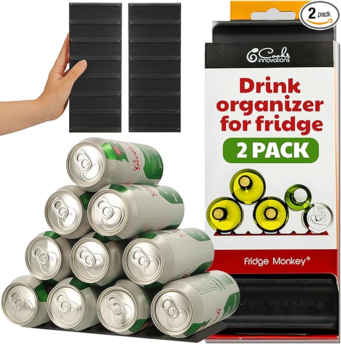 Cooks Innovations Drink Organizer for Fridge, Soda Can Refrigerator Organizers and Storage, Beer-Wine-Water Bottle Holder, Fridge Monkey - Durable Non-Slip Anti-Roll (2 Pack, Characoal)-NeatNest